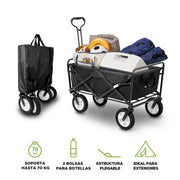Carrito HIKEO desplegado y plegado, capacidad de 70 kg y bolsillos para botellas