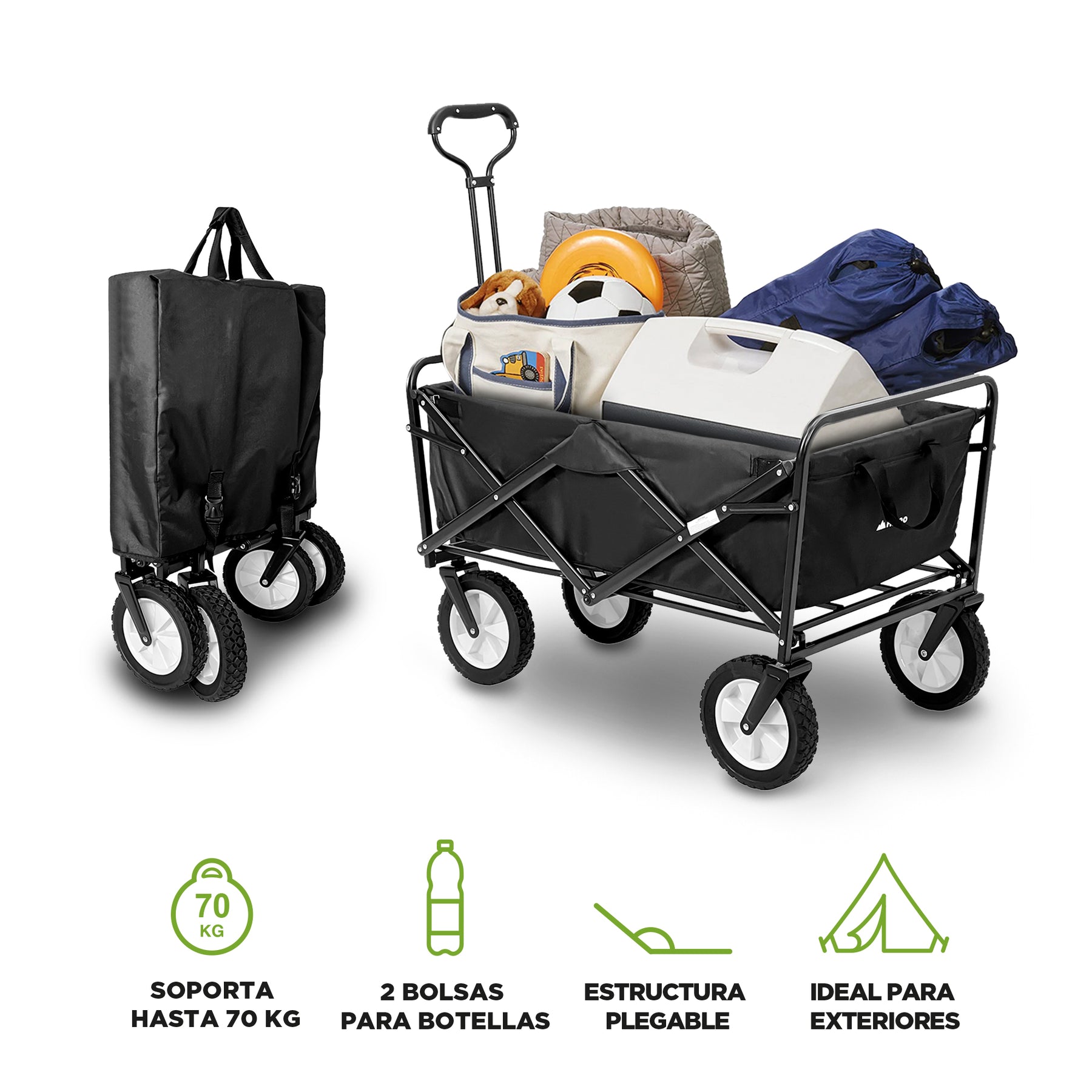 Carrito HIKEO desplegado y plegado, capacidad de 70 kg y bolsillos para botellas