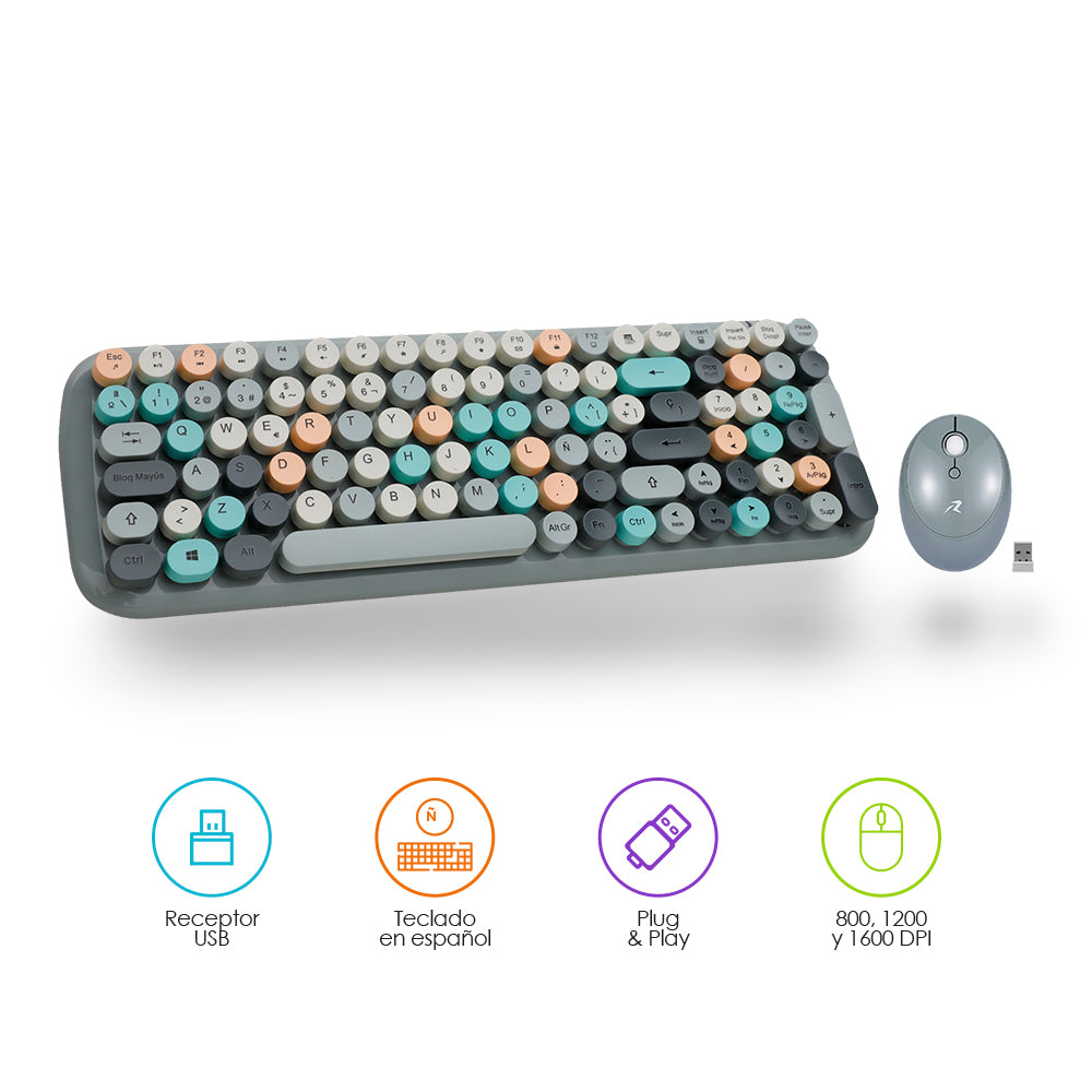 Kit retro gris con receptor USB, teclado en español y mouse de 3 DPI