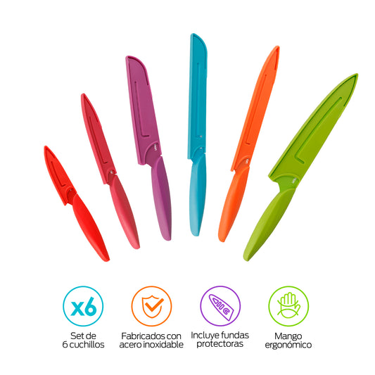 Cuchillos de Acero Inoxidable de Colores con Funda 6 Piezas