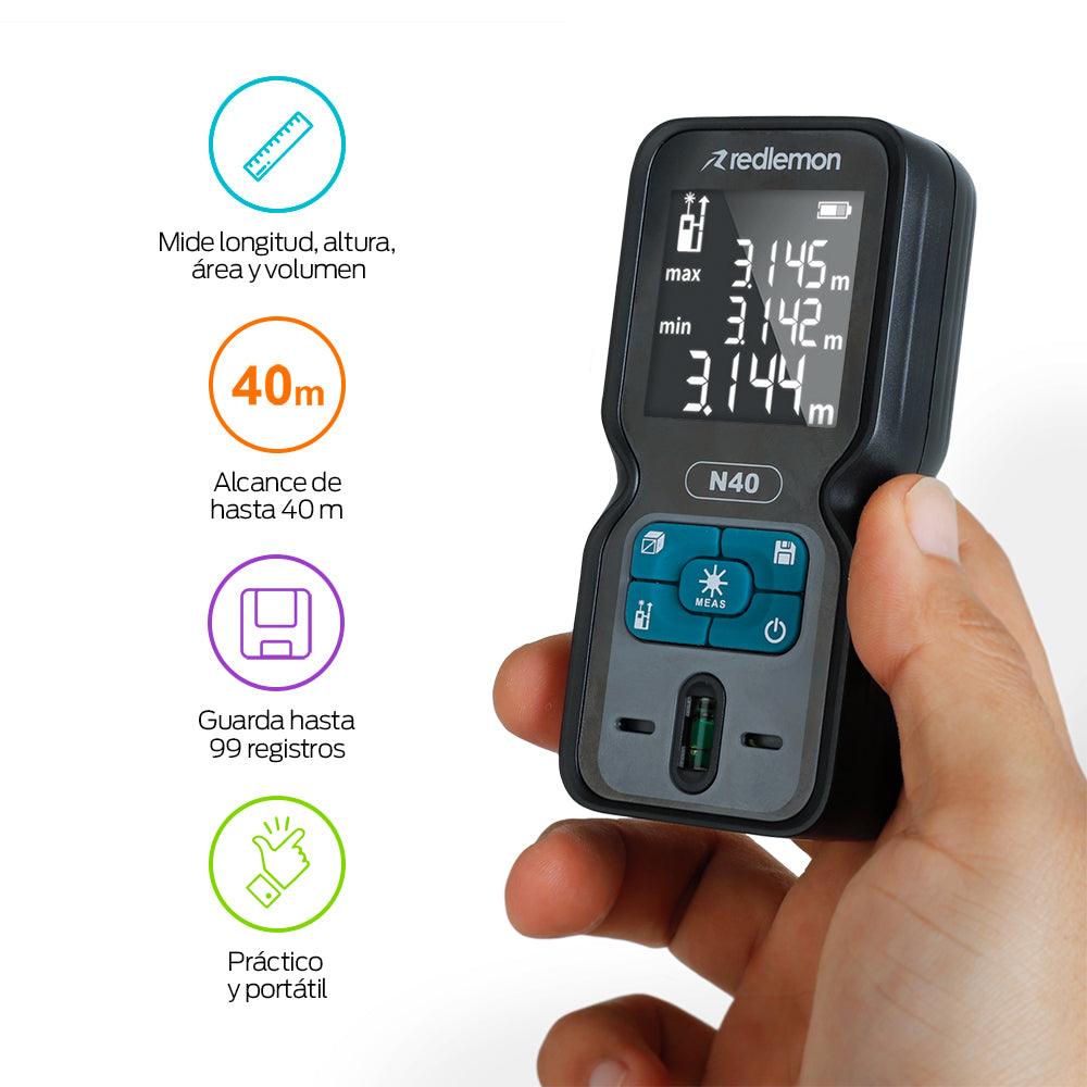 Medidor Láser Portátil de 40 Metros. Telémetro para Distancia, Altura, Área y Volumen - Redlemon