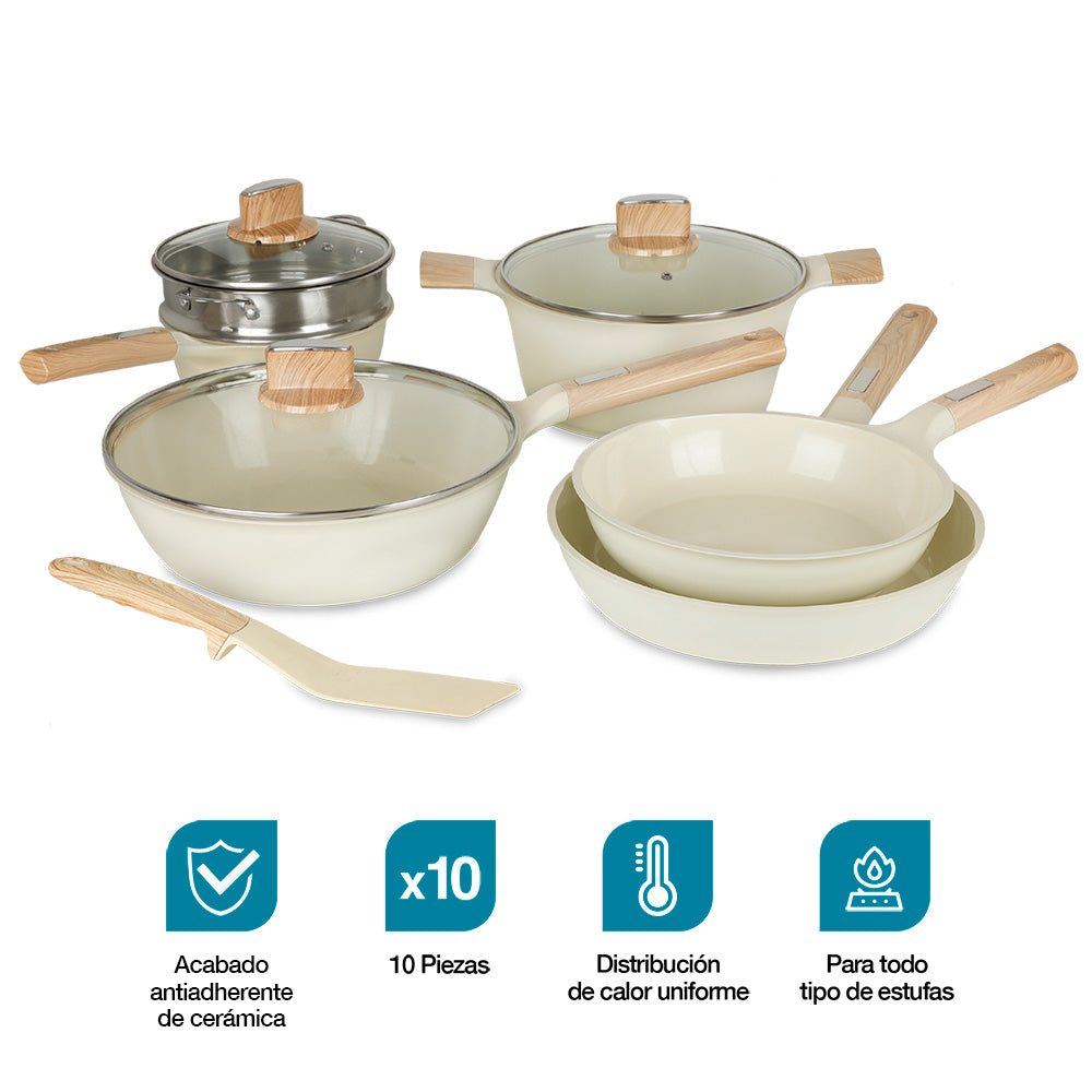 Batería de Cocina Cubierta de Cerámica Antiadherente 10 Piezas