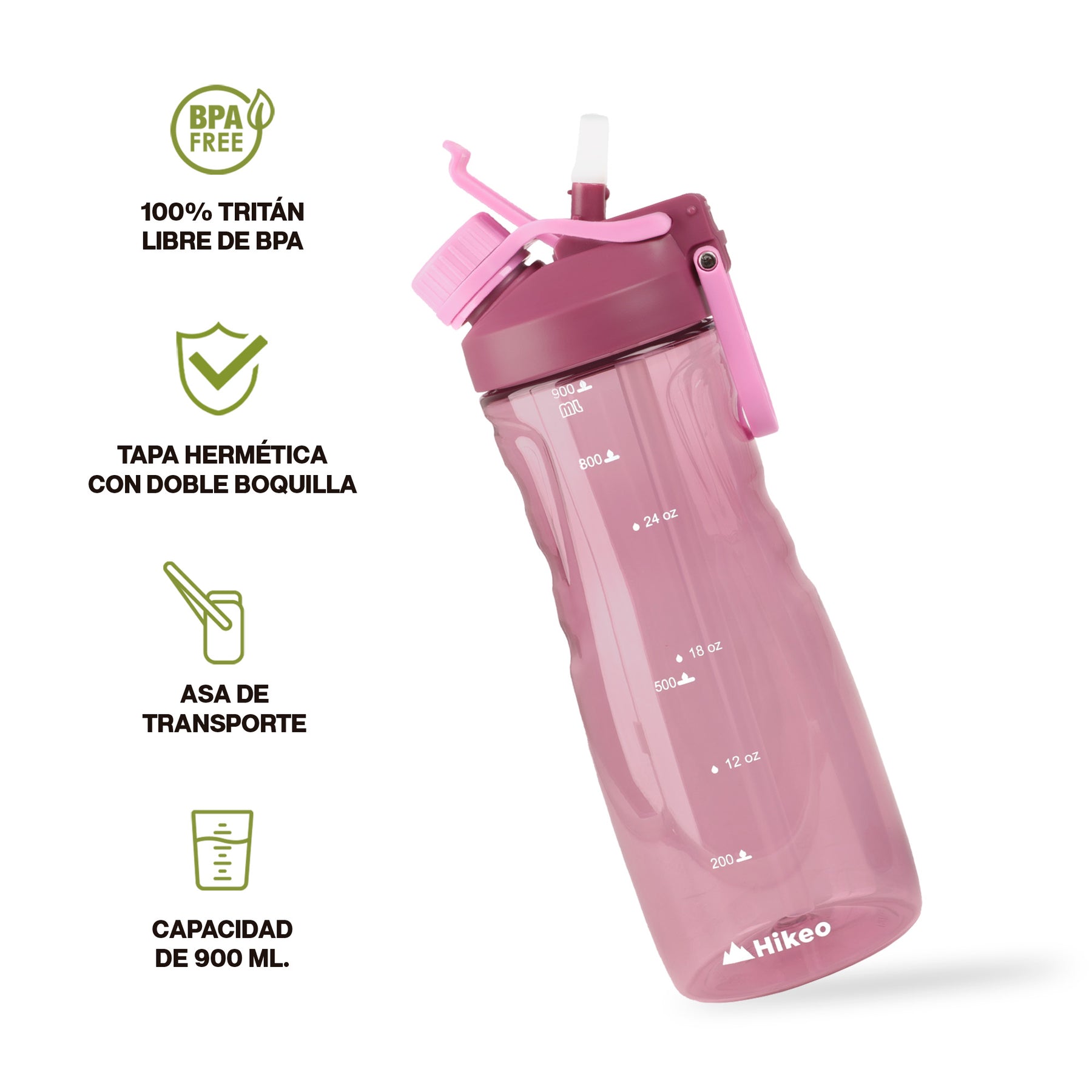 Termo para Agua de Tritán indestructible Doble Boquilla 2 Pz. 900 ml