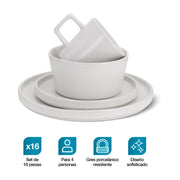Vajilla Casa Litus blanca con taza, tazón y dos platos, set de 16 piezas