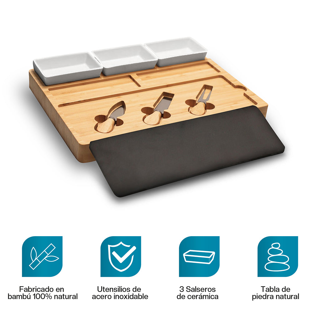 Tabla de bambú para charcutería con 3 salseros — vista complementaria