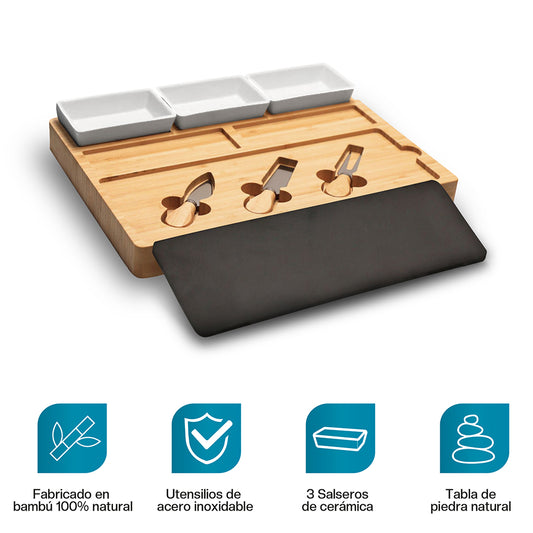 Tabla de Quesos y Charcutería de Madera de Bambú con 3 Salseros y Utensilios