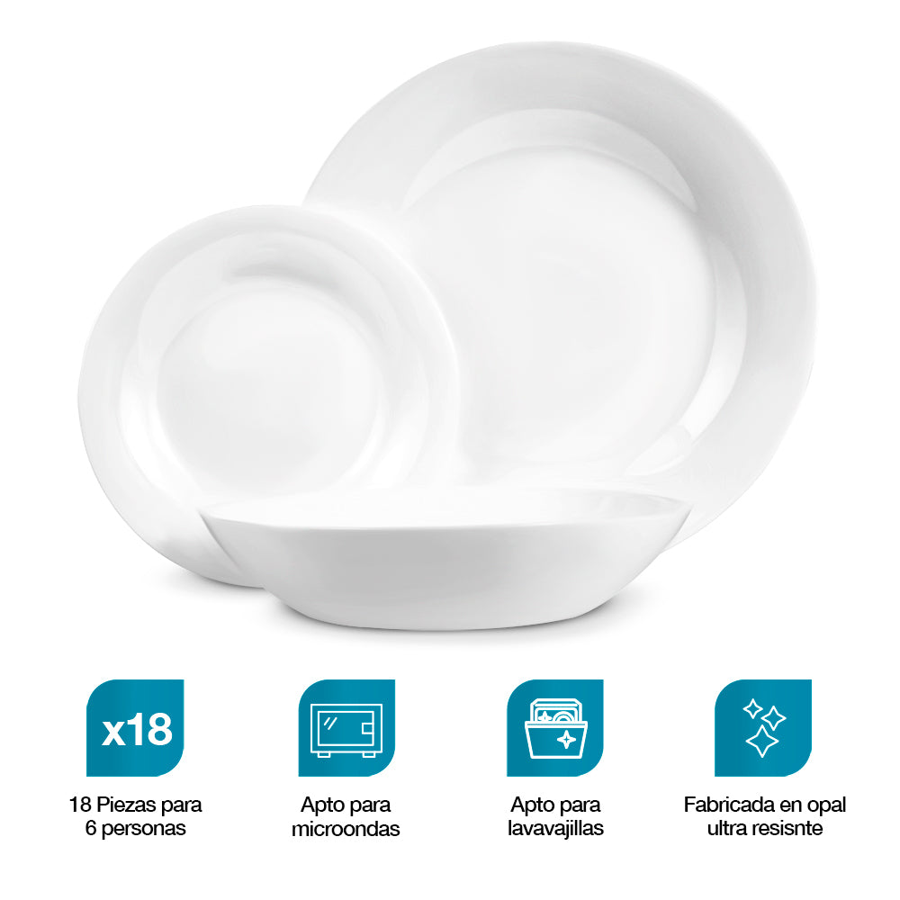 Vajilla de Opal 6 Personas (18 Pz.) Platos Ultra Resistentes