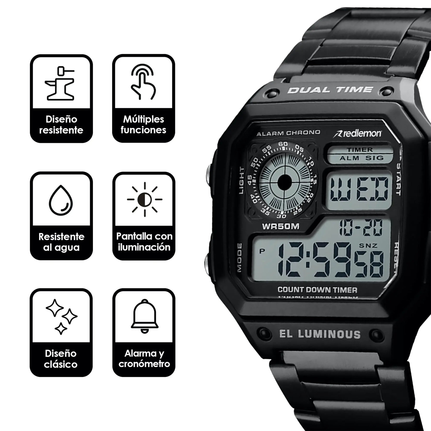 Reloj Digital Clásico con Correa de Metal Mod. 1335 Redlemon Technology México