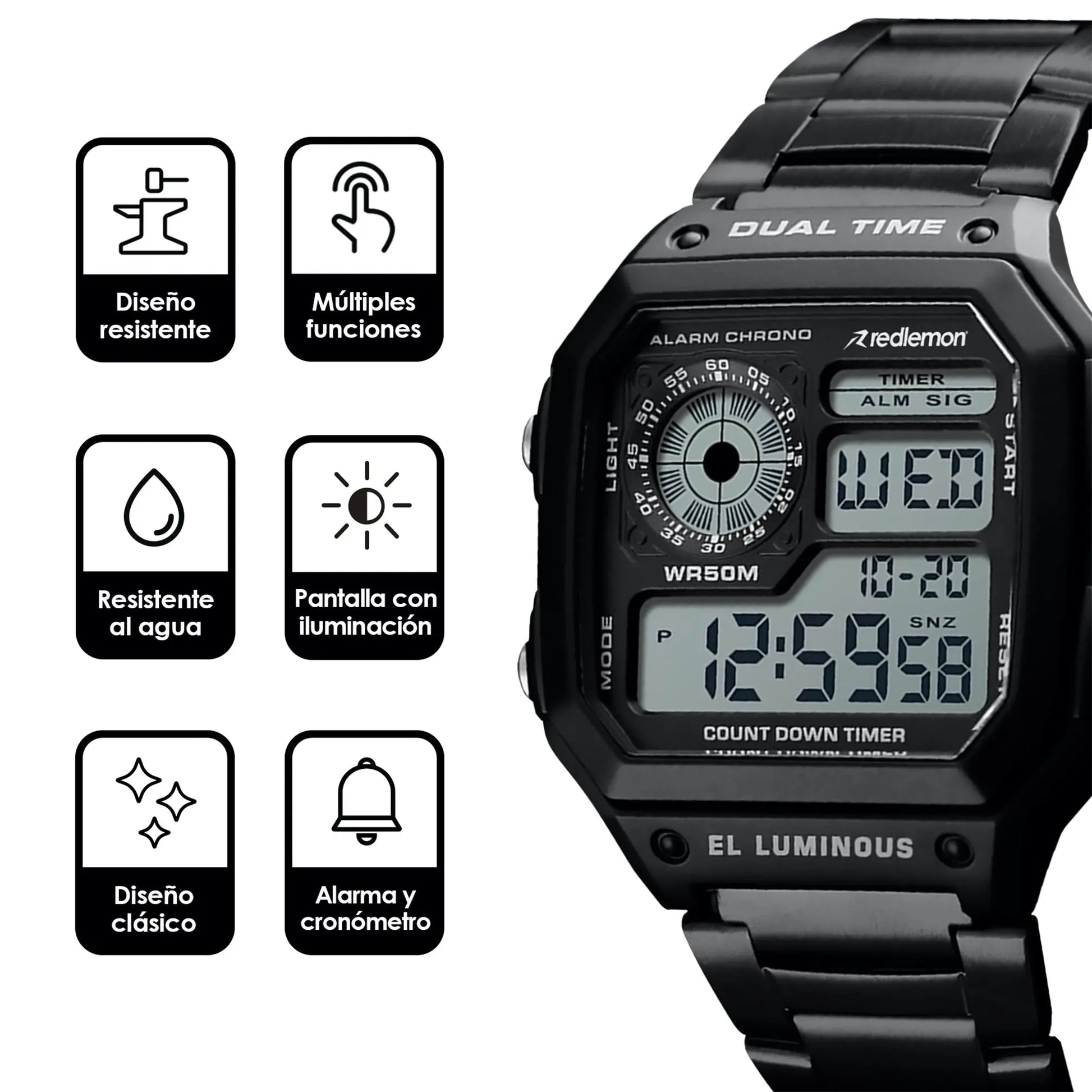Reloj Digital Clásico con Correa de Metal Mod. 1335 Redlemon Technology México