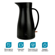 Tetera Eléctrica Hervidor de Agua Interior de Acero Inoxidable 1 Litro