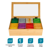 Caja Organizadora para Té 100% Madera de Bambú 8 Compartimentos - Redlemon