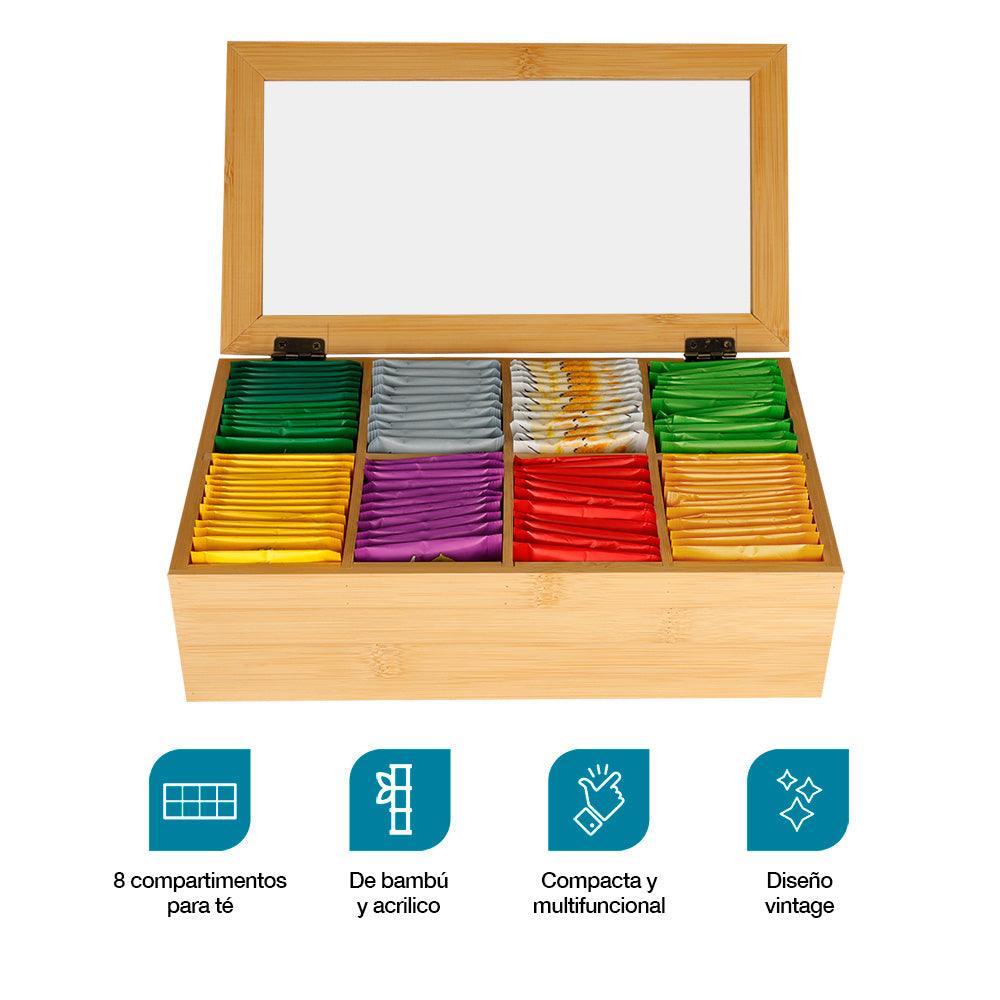 Caja Organizadora para Té 100% Madera de Bambú 8 Compartimentos - Redlemon