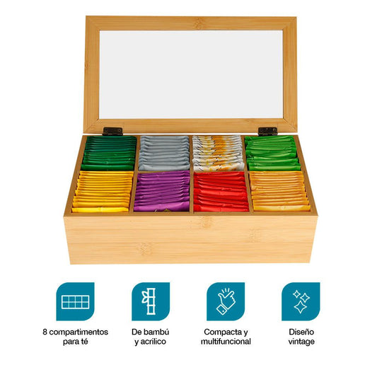 Caja Organizadora para Té 100% Madera de Bambú 8 Compartimentos - Redlemon