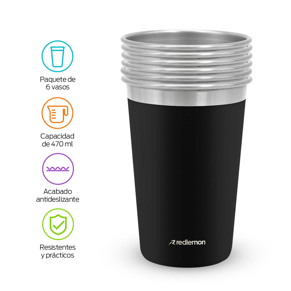 Set de 6 Vasos de Acero Inoxidable y Ecológicos (470 ml) Redlemon Technology México
