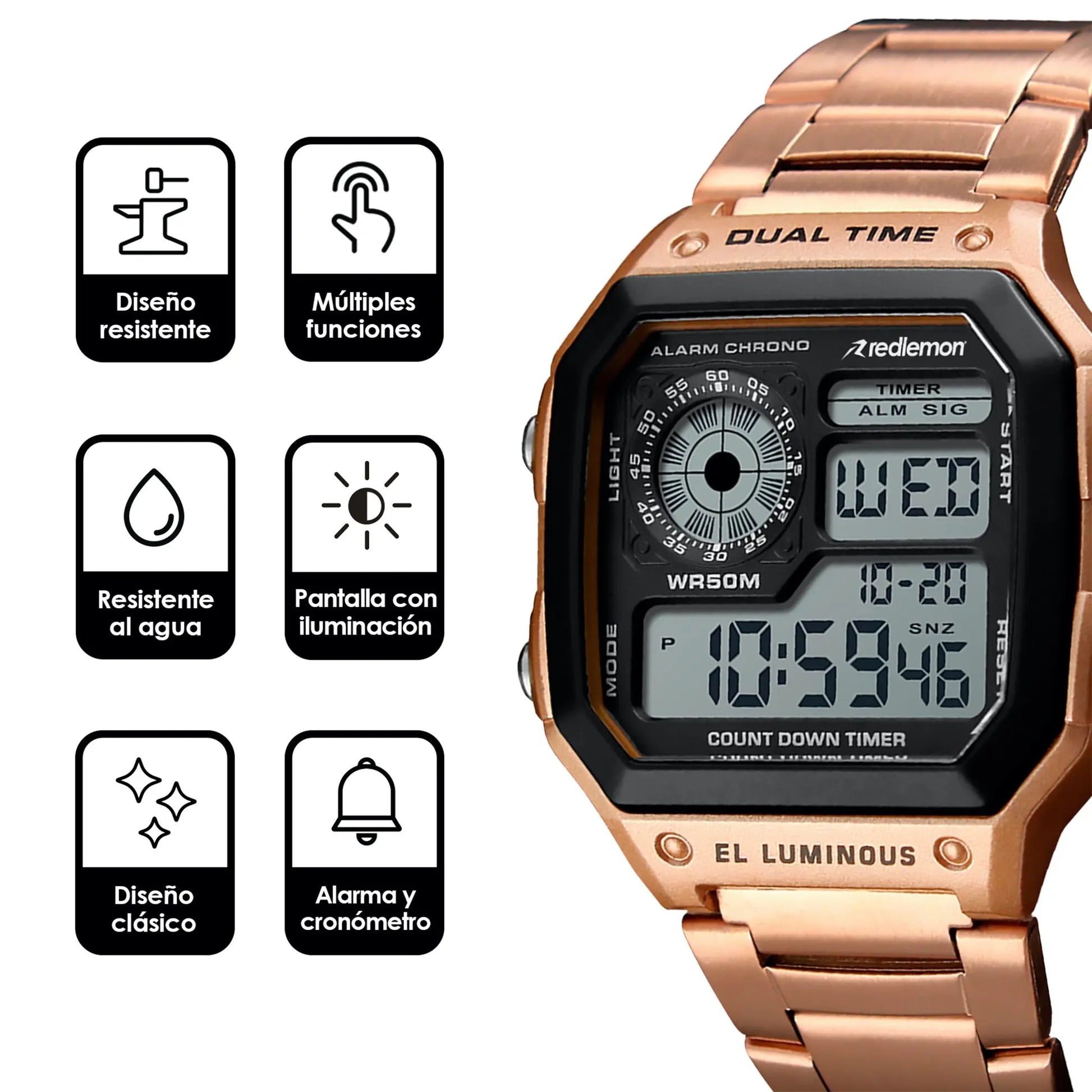 Reloj Digital Clásico con Correa de Metal Mod. 1335 Redlemon Technology México