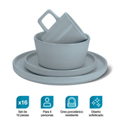 Vajilla Casa Litus gris con taza, tazón y dos platos, set de 16 piezas