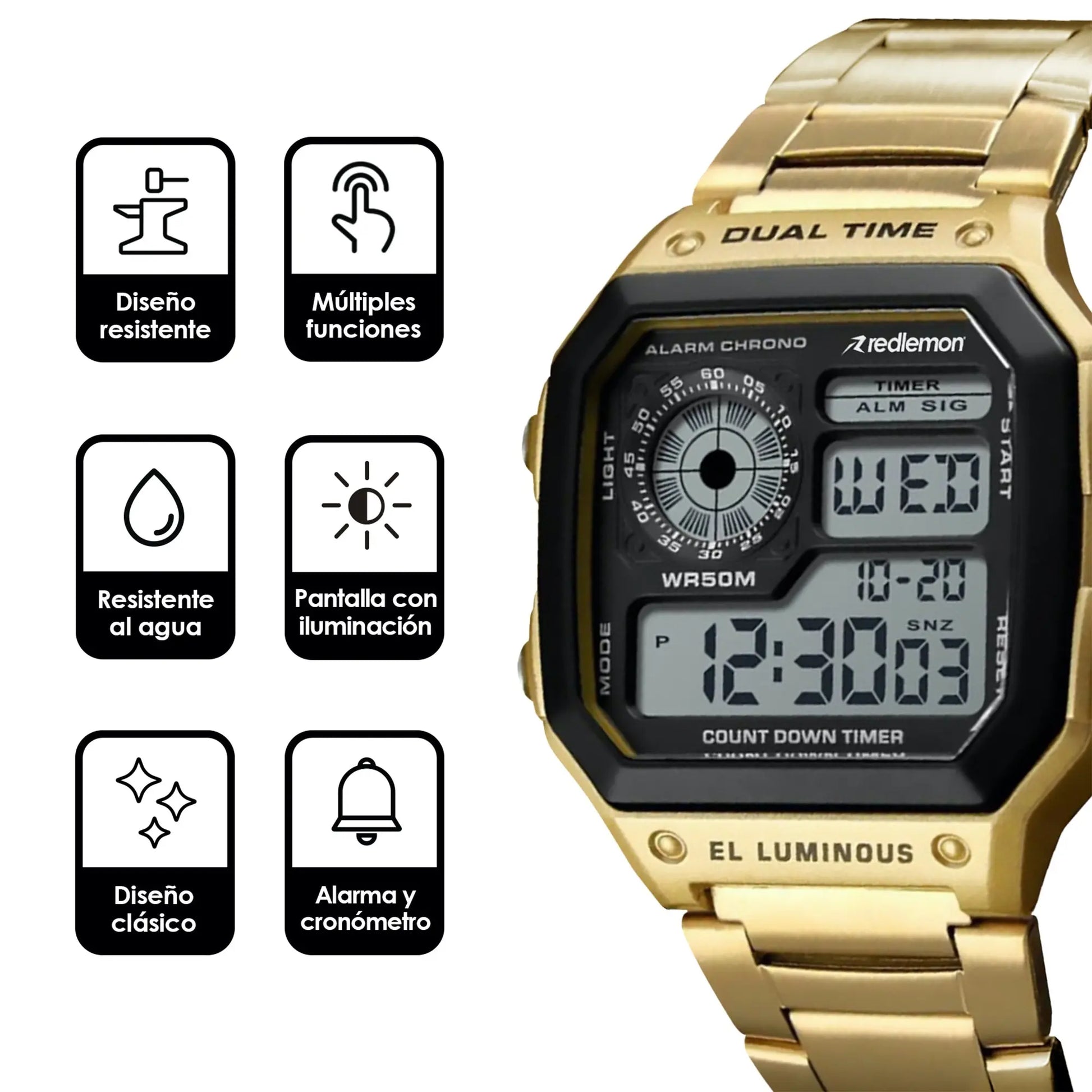 Reloj Digital Clásico con Correa de Metal Mod. 1335 Redlemon Technology México