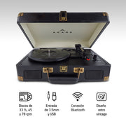 Tocadiscos Akane negro con Bluetooth, USB y reproducción a 33, 45 y 78 rpm