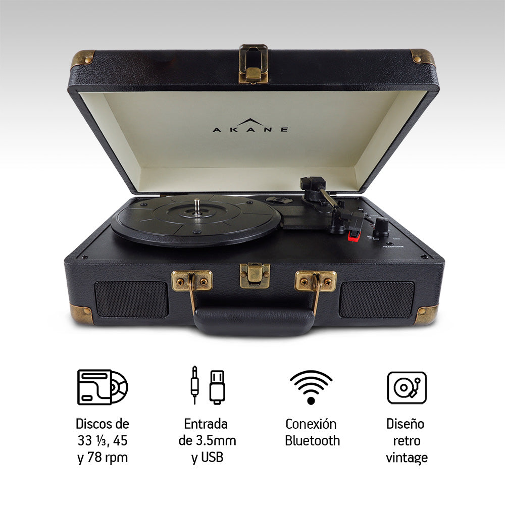 Tocadiscos Akane negro con Bluetooth, USB y reproducción a 33, 45 y 78 rpm
