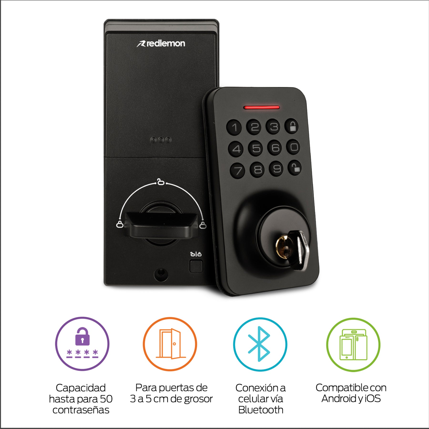 Cerradura inteligente 3 en 1 con app, código y llave — vista complementaria
