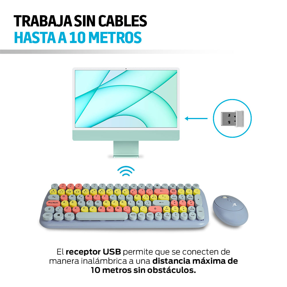Teclado y mouse azul con alcance inalámbrico de hasta 10 metros