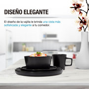 Vajilla de gres negra Casa Litus servida en una mesa de cocina