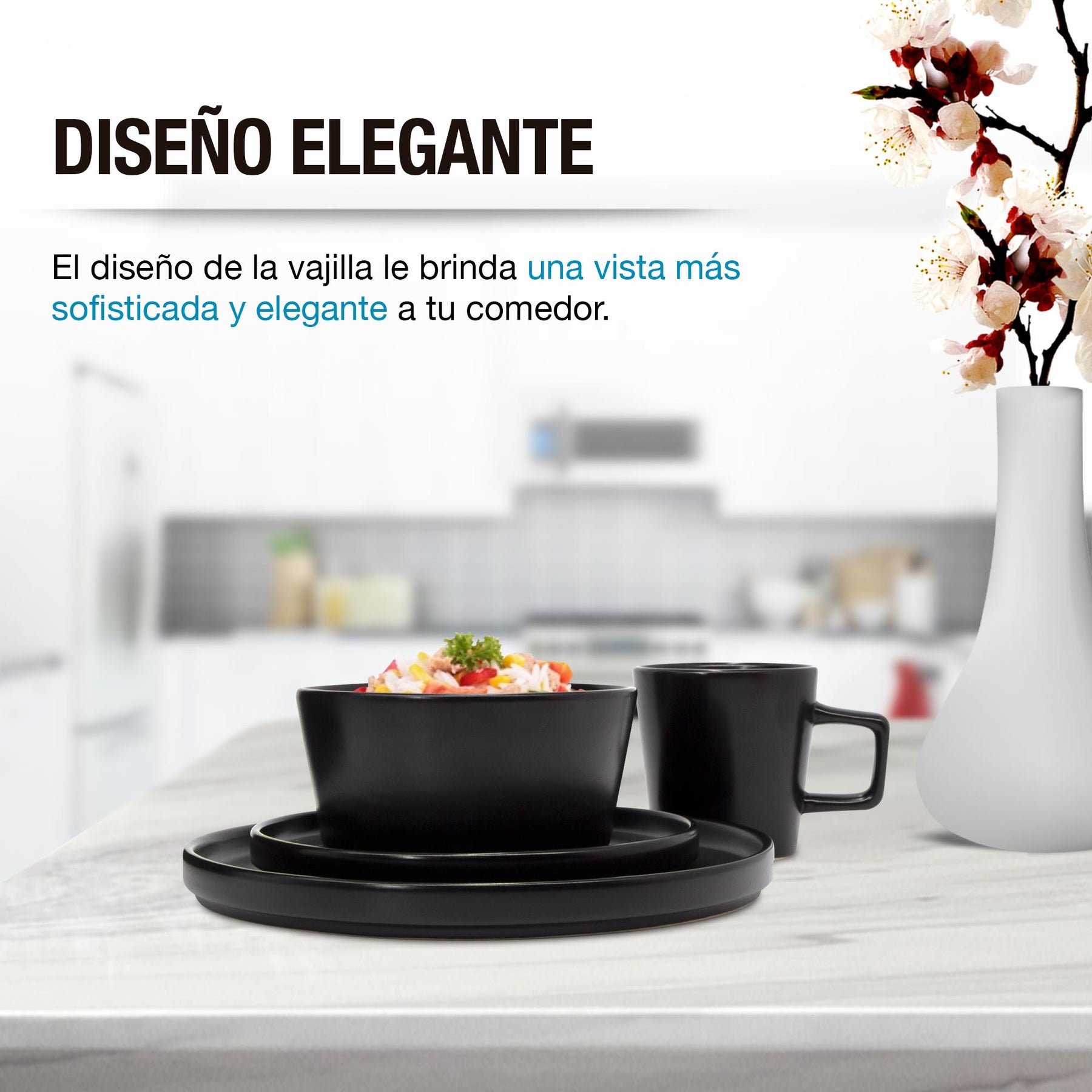 Vajilla de gres negra Casa Litus servida en una mesa de cocina