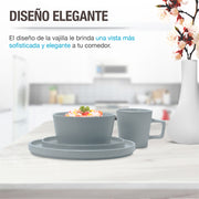 Vajilla de gres gris Casa Litus servida en una mesa de cocina