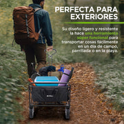 Carrito plegable HIKEO con equipo para campamento en un sendero