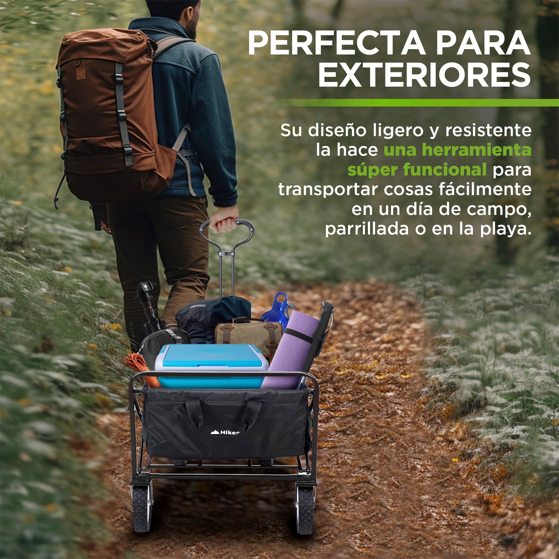Carrito plegable HIKEO con equipo para campamento en un sendero