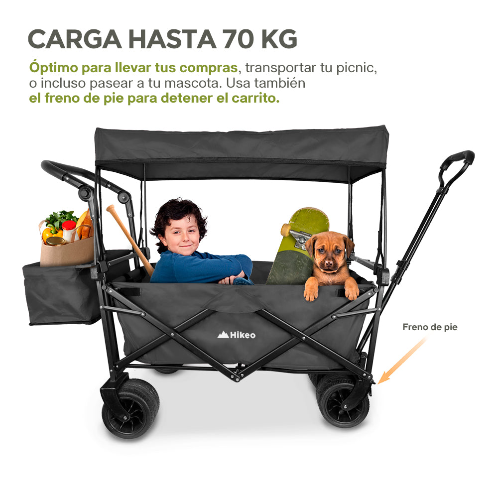 Carrito HIKEO con toldo, carga ilustrativa y freno de pie señalado