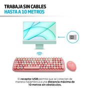 Teclado y mouse rosa con alcance inalámbrico de hasta 10 metros