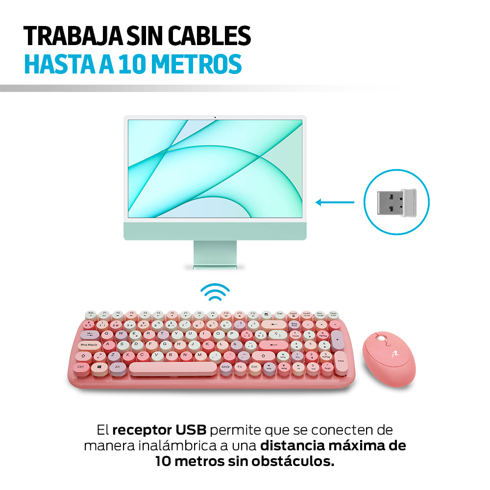 Teclado y mouse rosa con alcance inalámbrico de hasta 10 metros