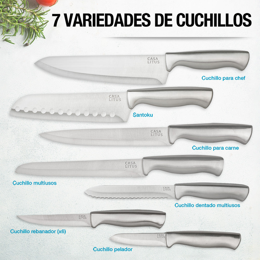 Cuchillos de Cocina de Acero Inoxidable con Base, Afilador y Tijeras 15 Pz Redlemon Technology México