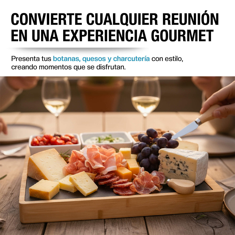 Tabla de bambú para charcutería con 3 salseros — detalle del producto