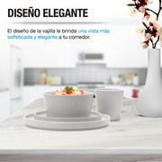 Vajilla de gres blanca Casa Litus servida en una mesa de cocina