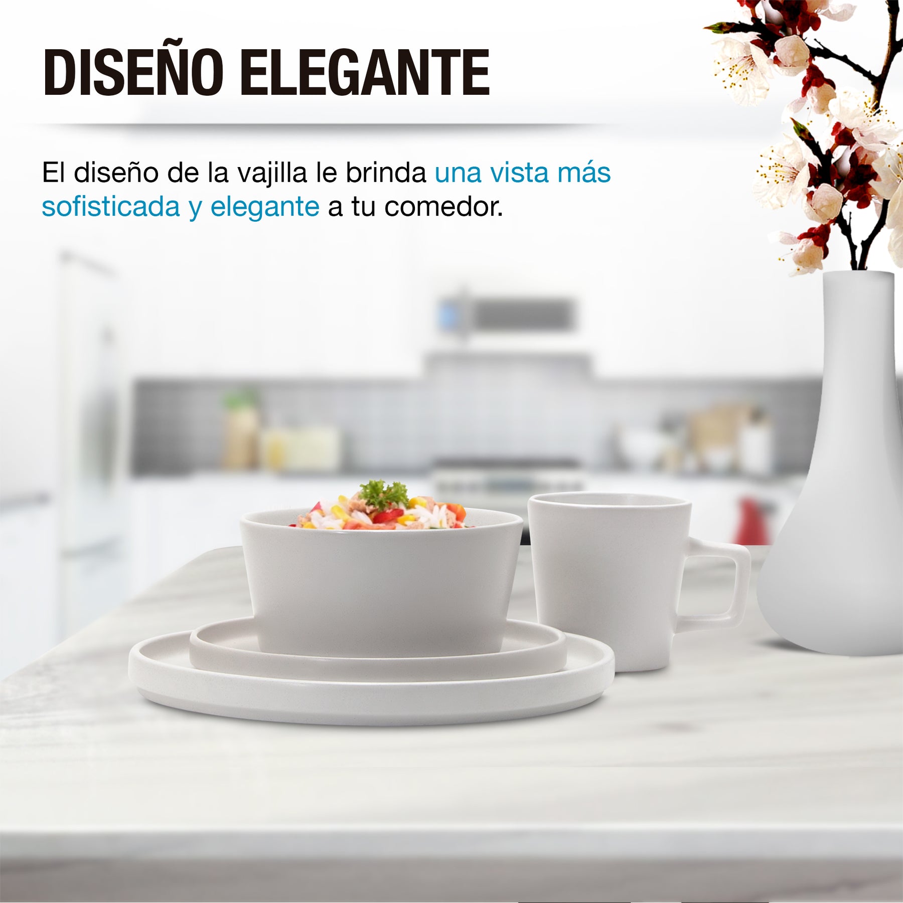 Vajilla de gres blanca Casa Litus servida en una mesa de cocina