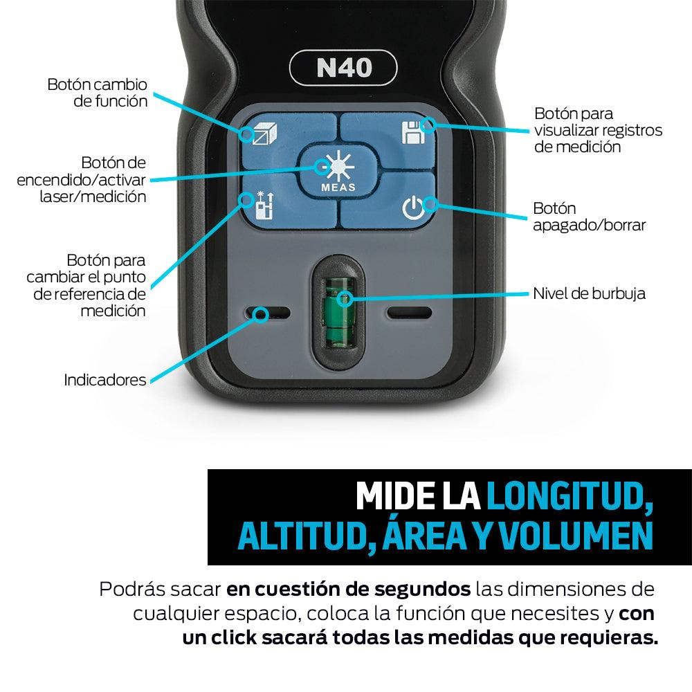 Medidor Láser Portátil de 40 Metros. Telémetro para Distancia, Altura, Área y Volumen - Redlemon