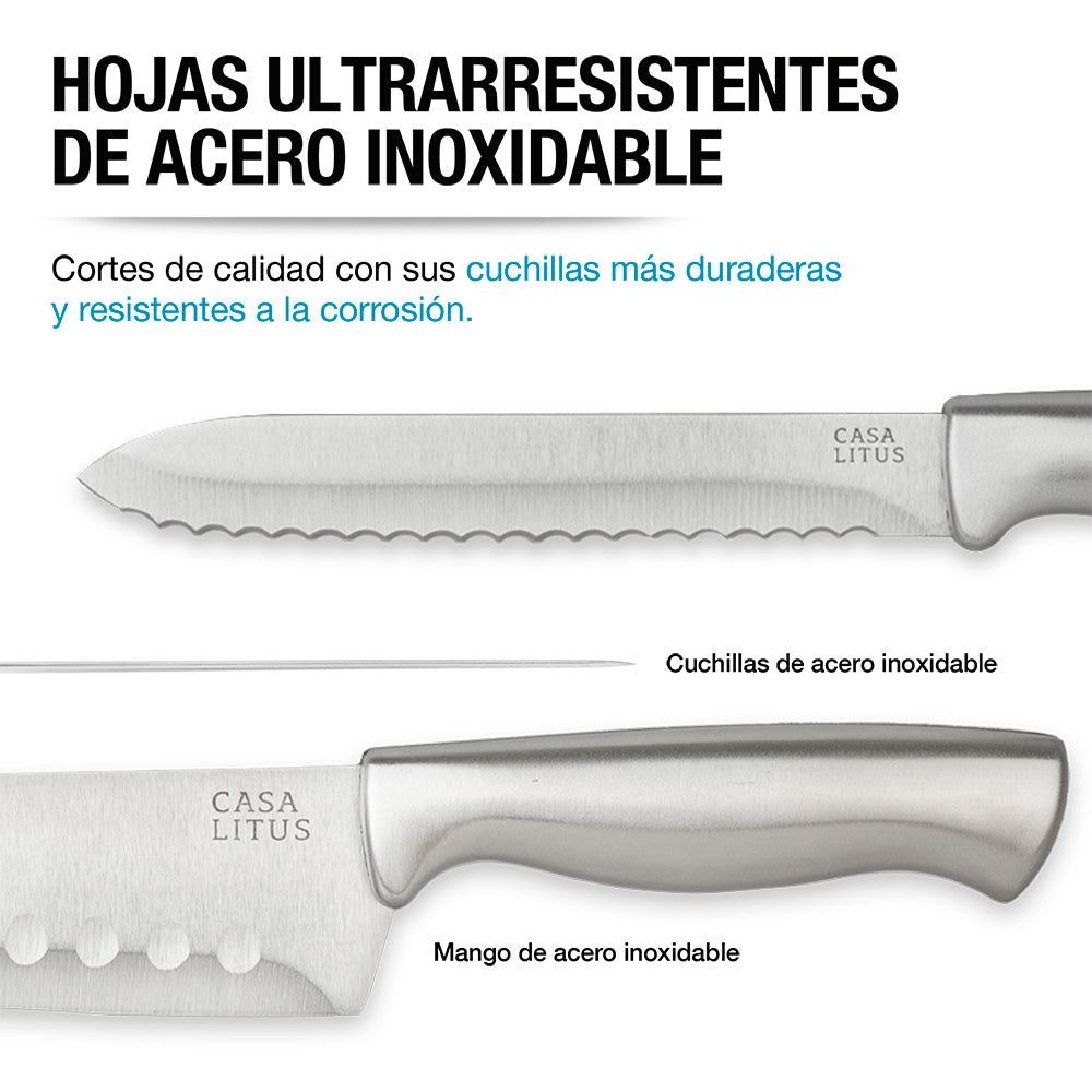 Cuchillos de Cocina de Acero Inoxidable con Base, Afilador y Tijeras 15 Pz Redlemon Technology México