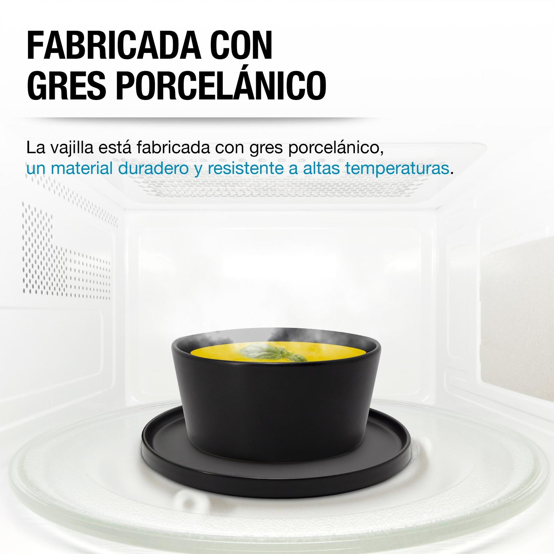 Tazón y plato de gres negro Casa Litus dentro de un horno de microondas