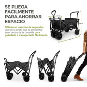 Secuencia de plegado del carrito HIKEO y medidas de 80 x 52 x 99 cm
