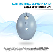 Mouse inalámbrico azul con ajustes de 800, 1200 y 1600 DPI