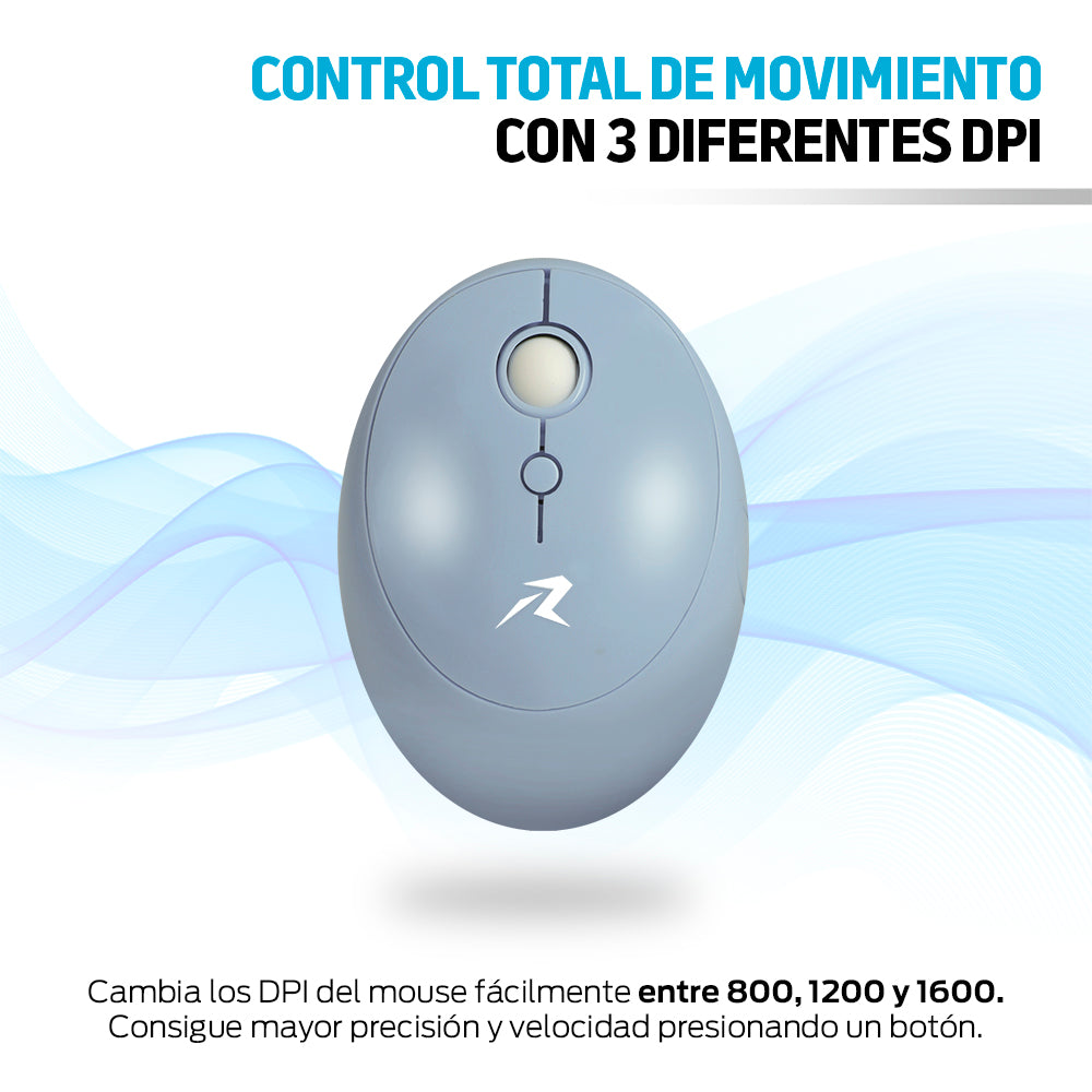 Mouse inalámbrico azul con ajustes de 800, 1200 y 1600 DPI