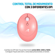 Mouse inalámbrico rosa con ajustes de 800, 1200 y 1600 DPI