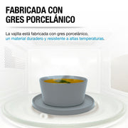 Tazón y plato de gres gris Casa Litus dentro de un horno de microondas