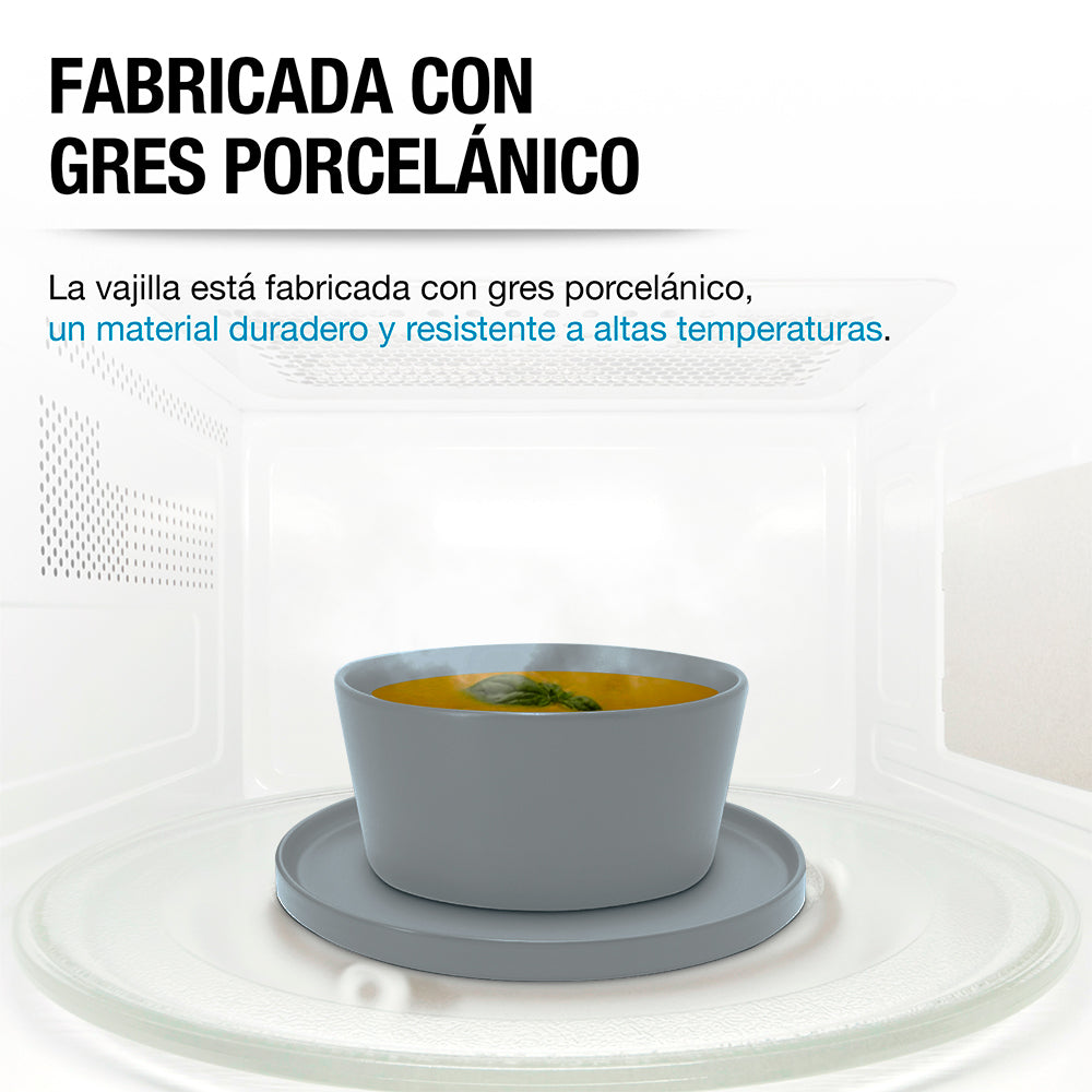 Tazón y plato de gres gris Casa Litus dentro de un horno de microondas