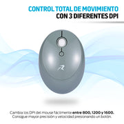 Mouse inalámbrico gris con ajustes de 800, 1200 y 1600 DPI