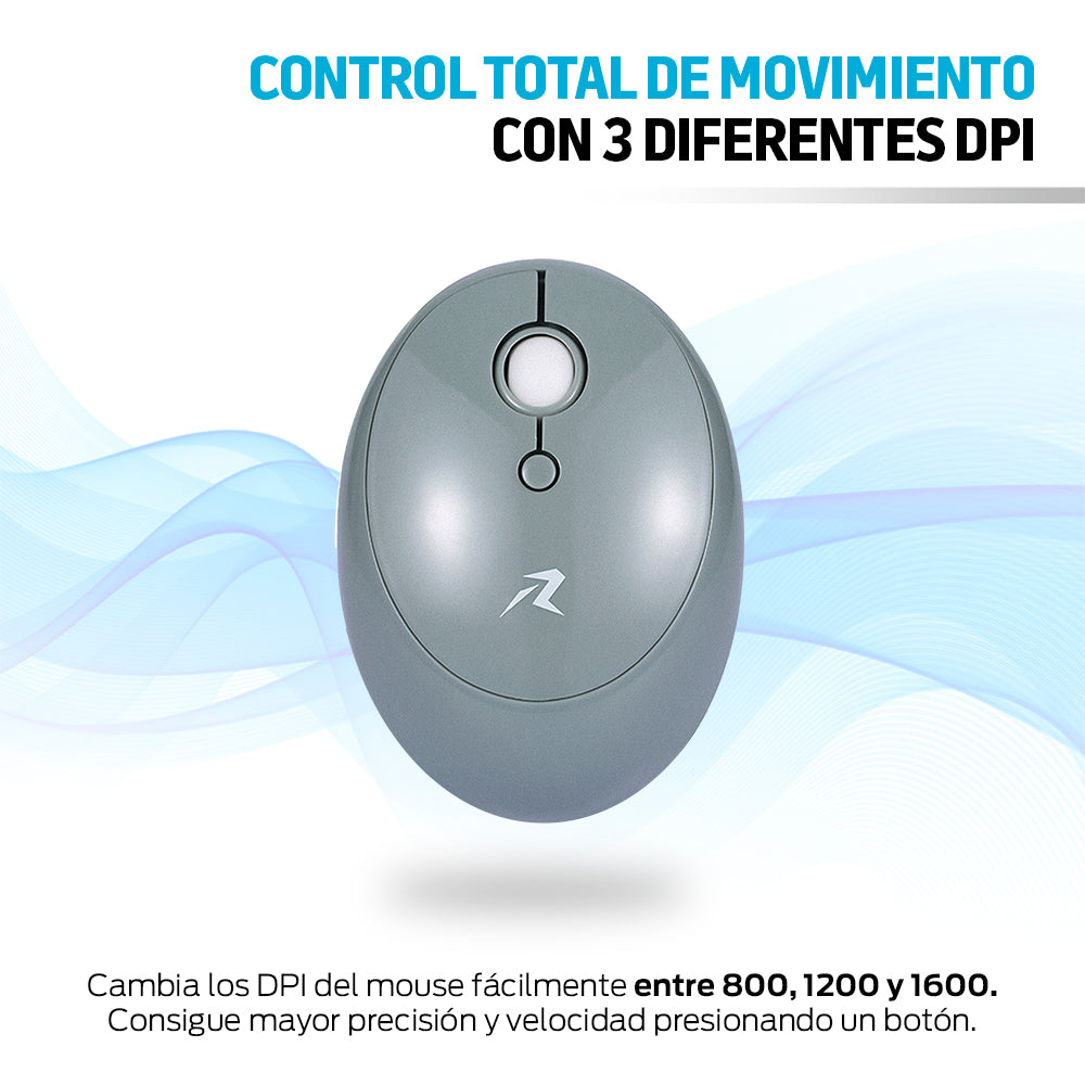 Mouse inalámbrico gris con ajustes de 800, 1200 y 1600 DPI
