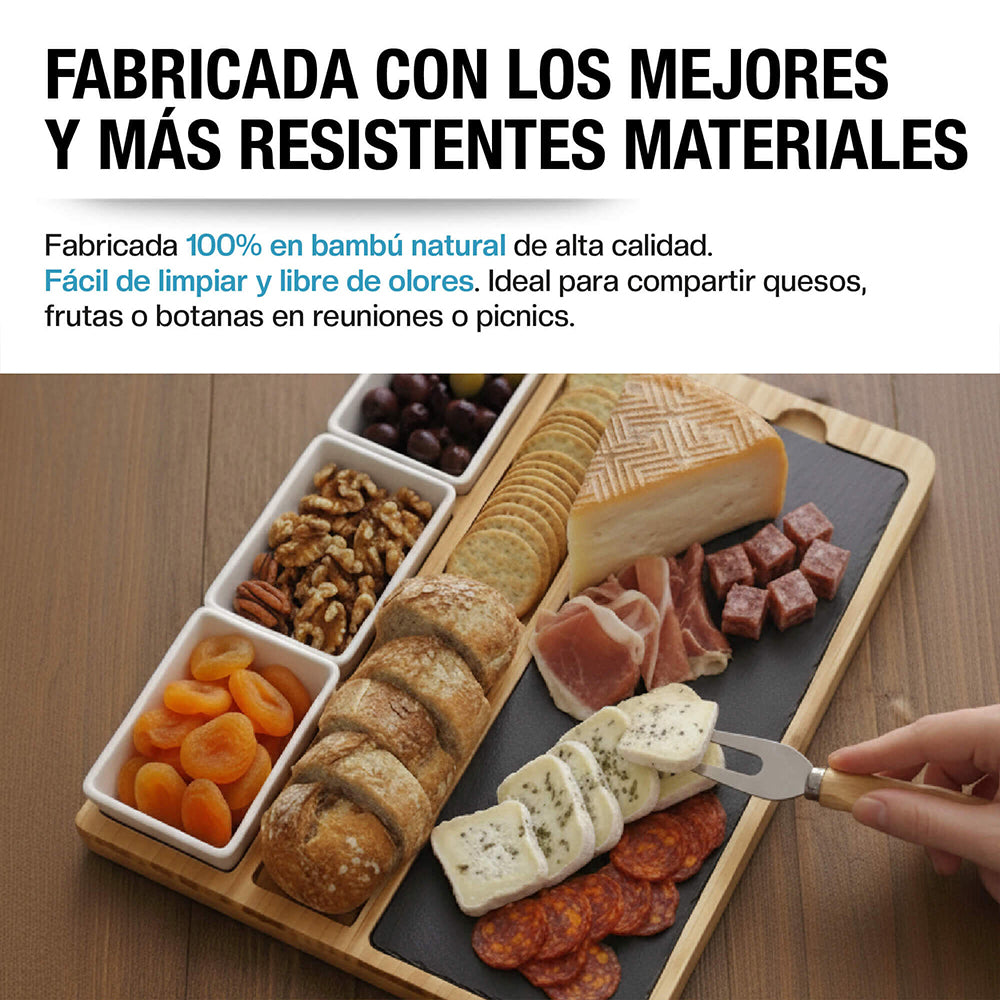 Tabla de bambú para charcutería con 3 salseros — características destacadas