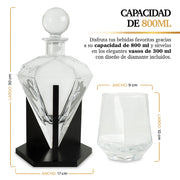 Vasos de Vidrio para Whisky con Decantador de Cristal en Forma de Diamante